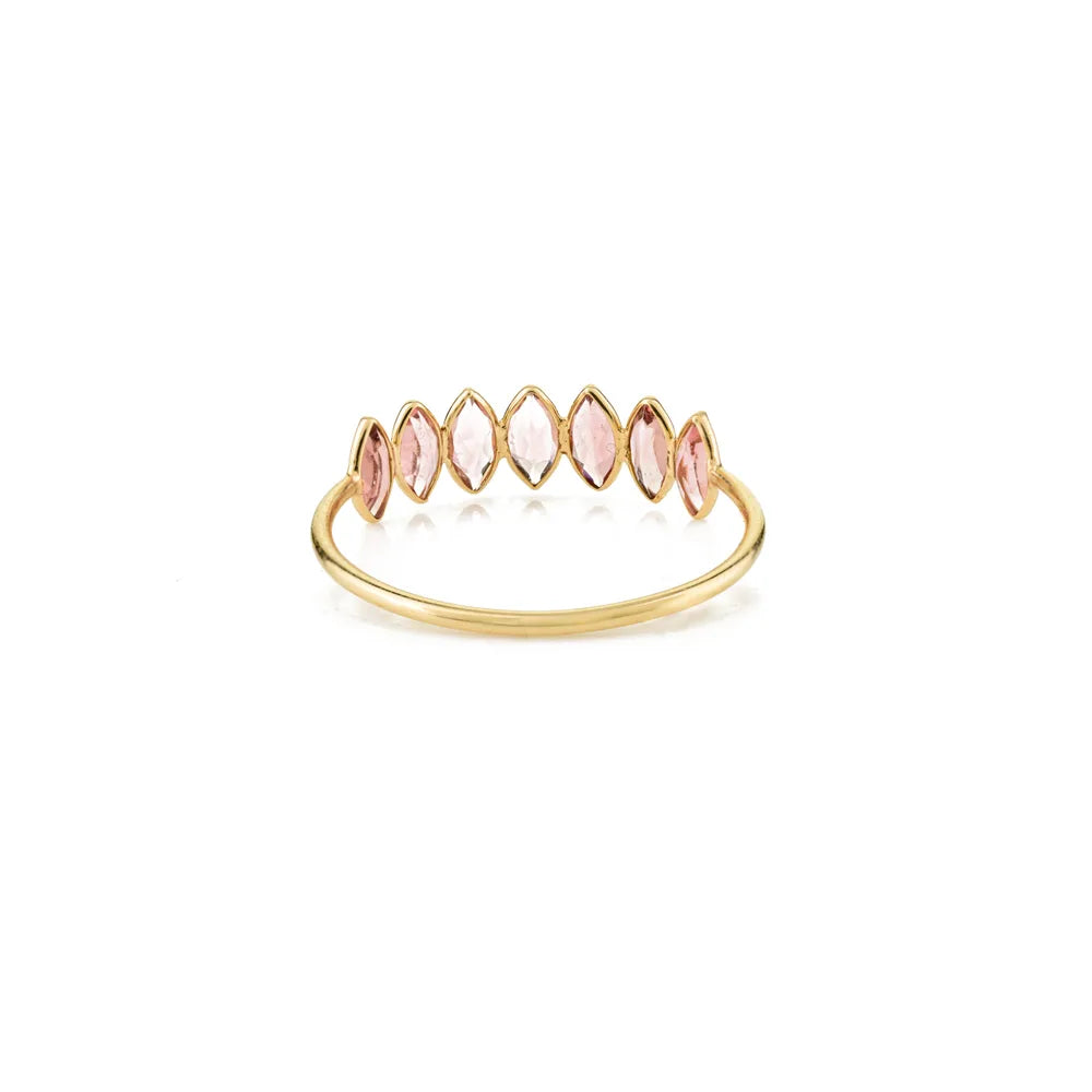 Solid 18K Yellow Gold Pink Tourmaline Marquise Shape Half Eternity Band Ring