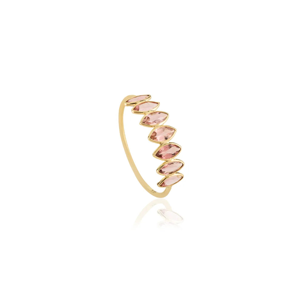 Solid 18K Yellow Gold Pink Tourmaline Marquise Shape Half Eternity Band Ring