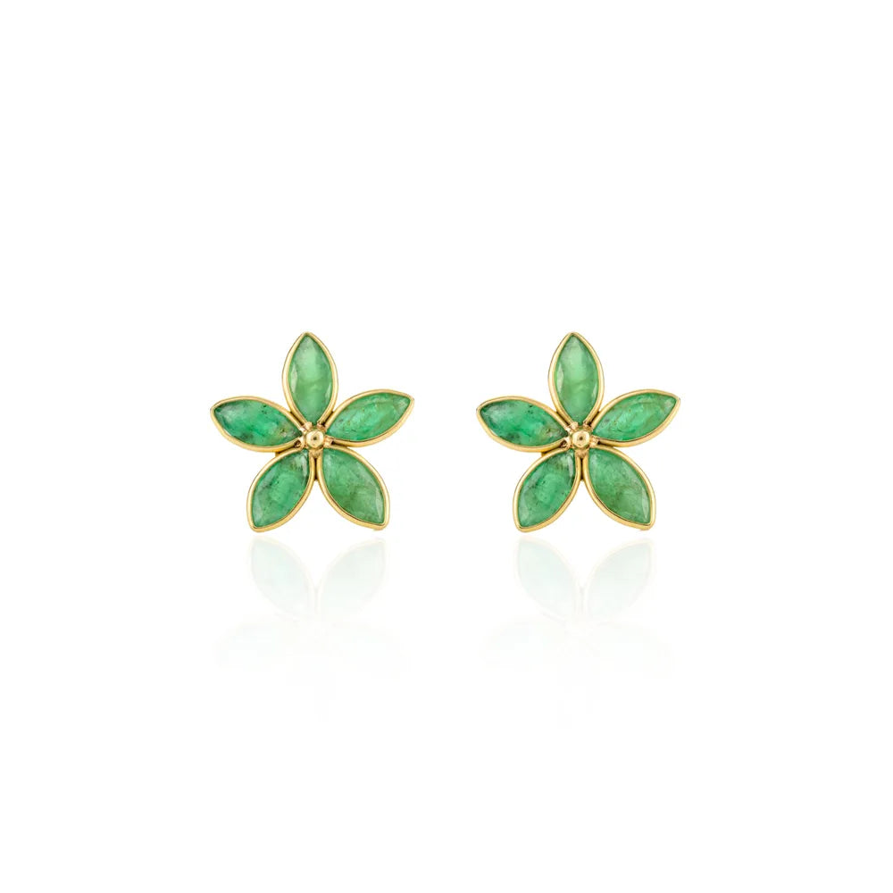 Precious Gemstone Jewelry Natural Emerald 18K Yellow Gold Flower Stud Earrings