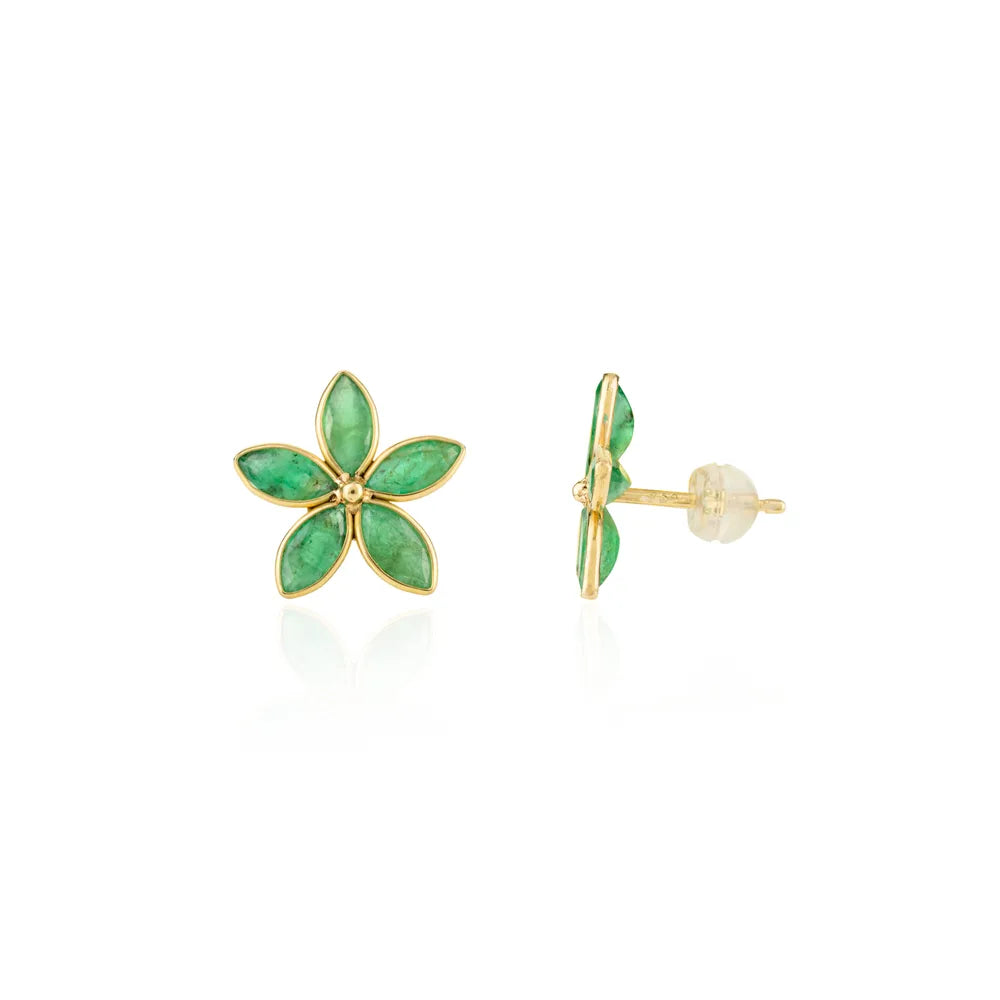 Precious Gemstone Jewelry Natural Emerald 18K Yellow Gold Flower Stud Earrings