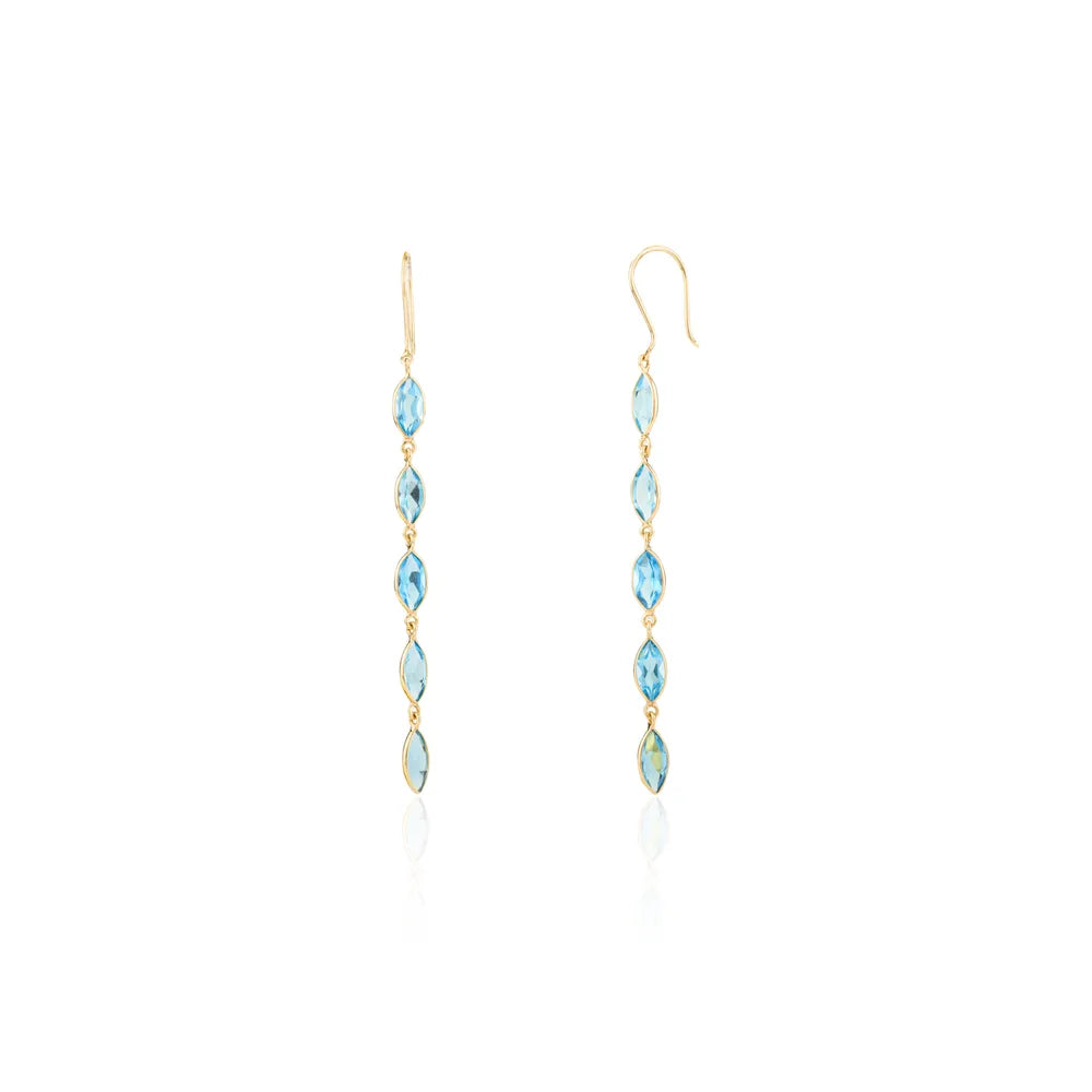 Custom Jewelry Marquise Shape Blue Topaz 18K Yellow Gold Dangle Earrings