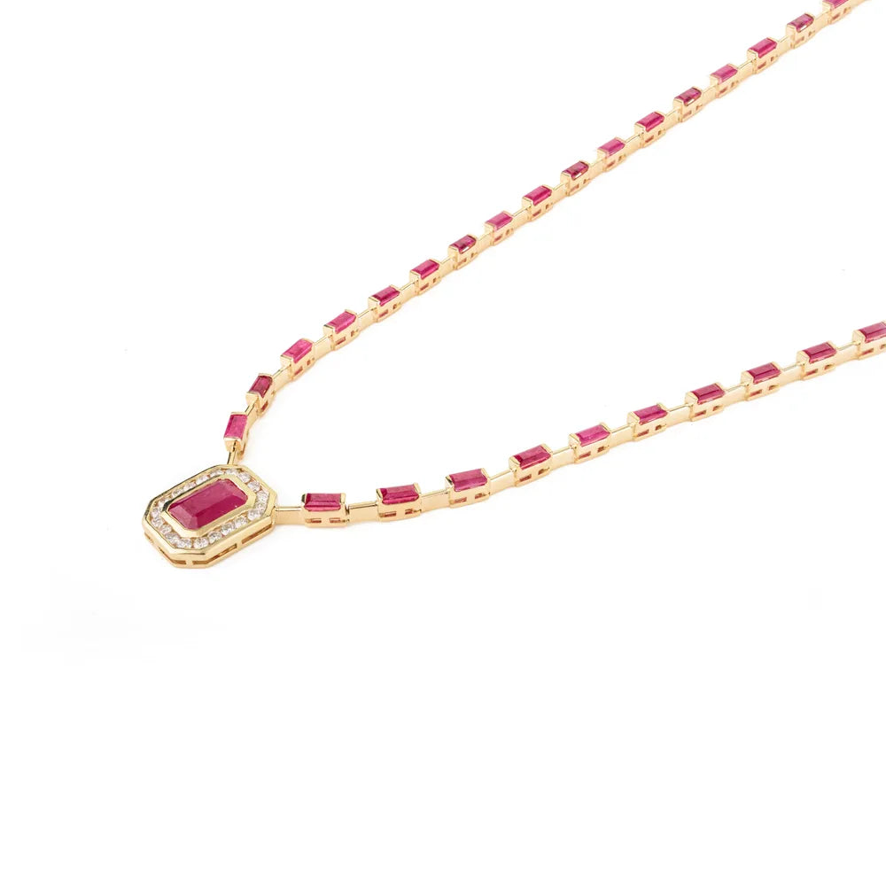 High Quality Products 100% Natural Ruby & Diamond 14K Yellow Gold Necklace