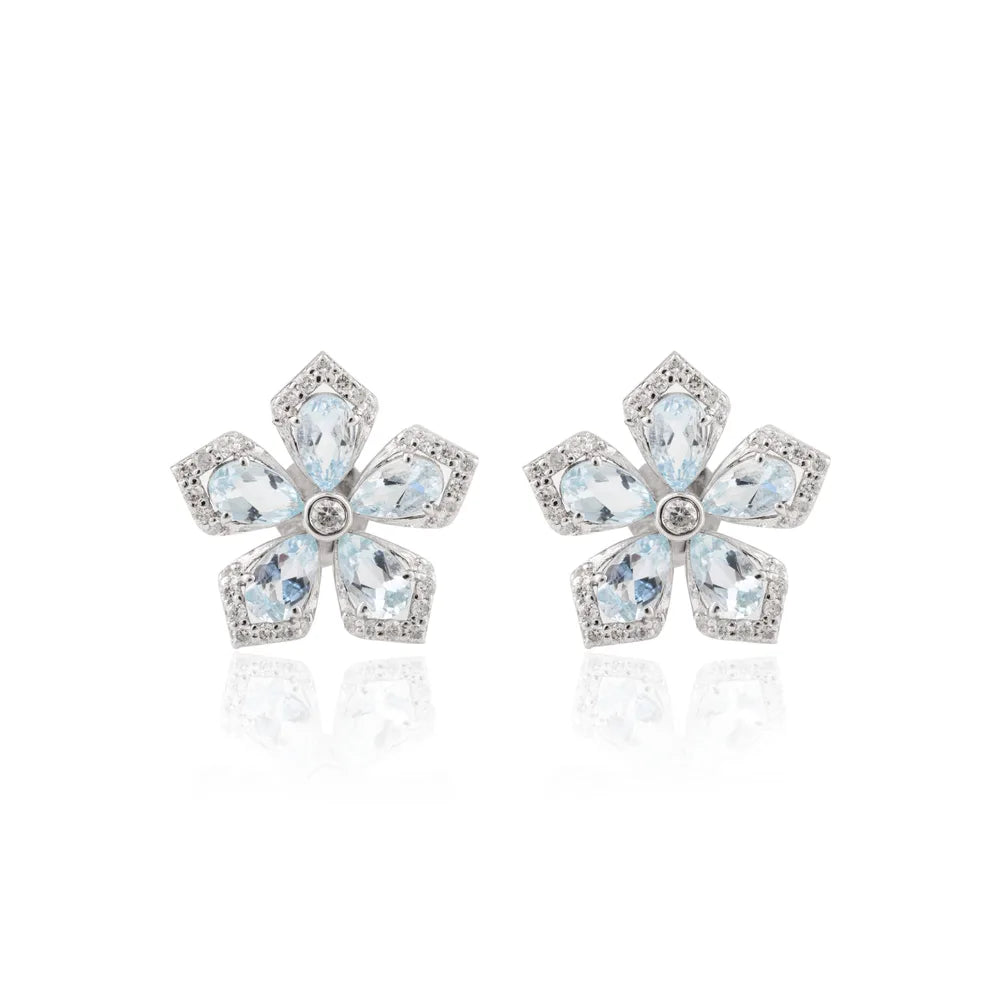 Trending Jewelry Aquamarine & Diamond 18K White Gold Flower Stud Earrings