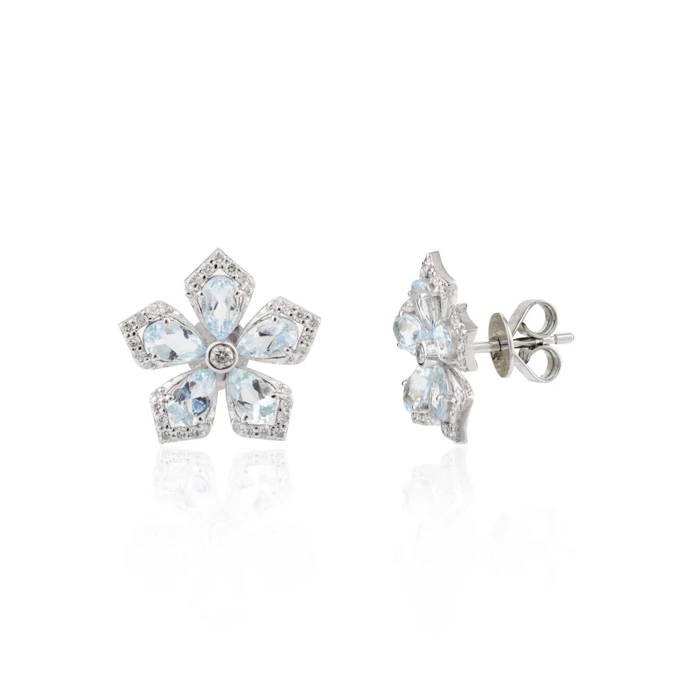 Trending Jewelry Aquamarine & Diamond 18K White Gold Flower Stud Earrings