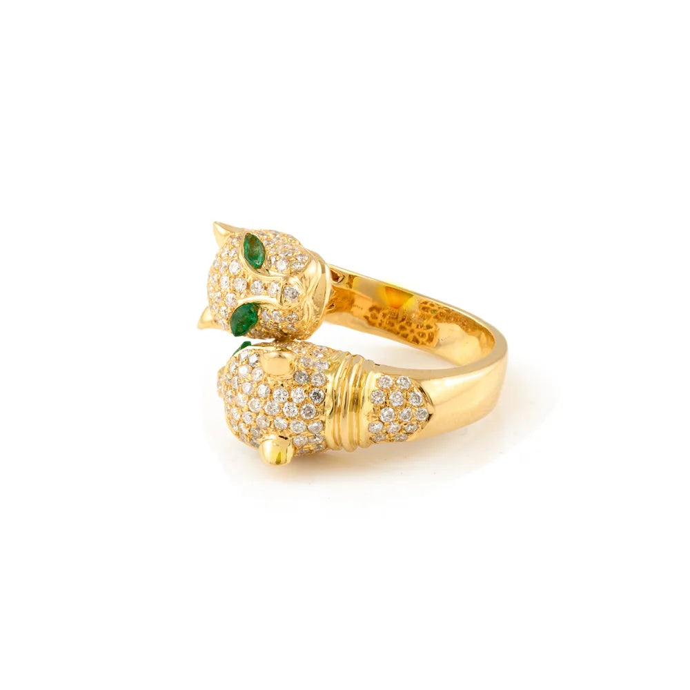 Emerald & Diamond Panther Double Head 18k Solid Yellow Gold Bypass Ring