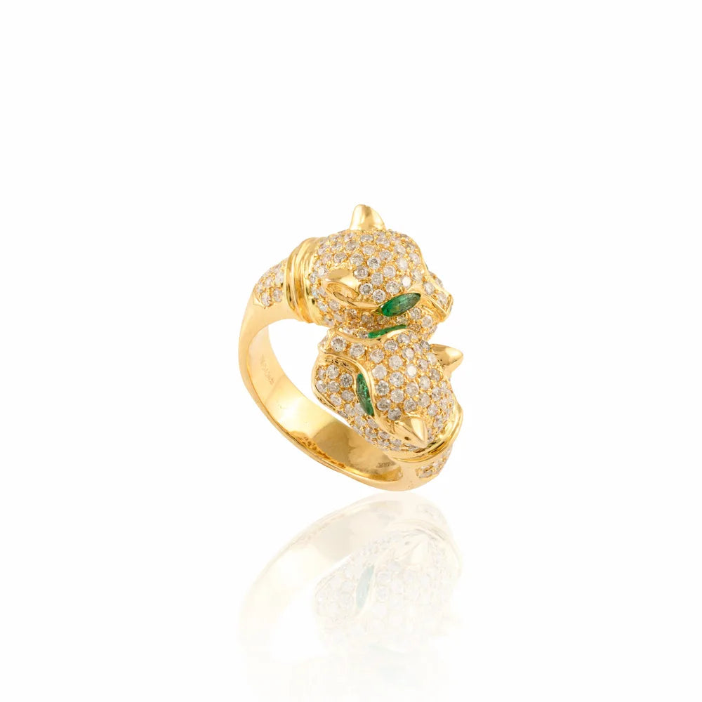 Emerald & Diamond Panther Double Head 18k Solid Yellow Gold Bypass Ring