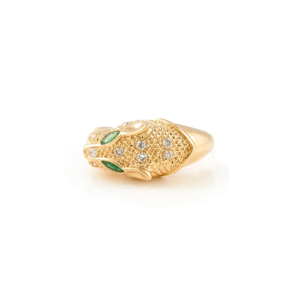 18K Solid Yellow Gold Emerald & Diamond Panther Head Statement Ring