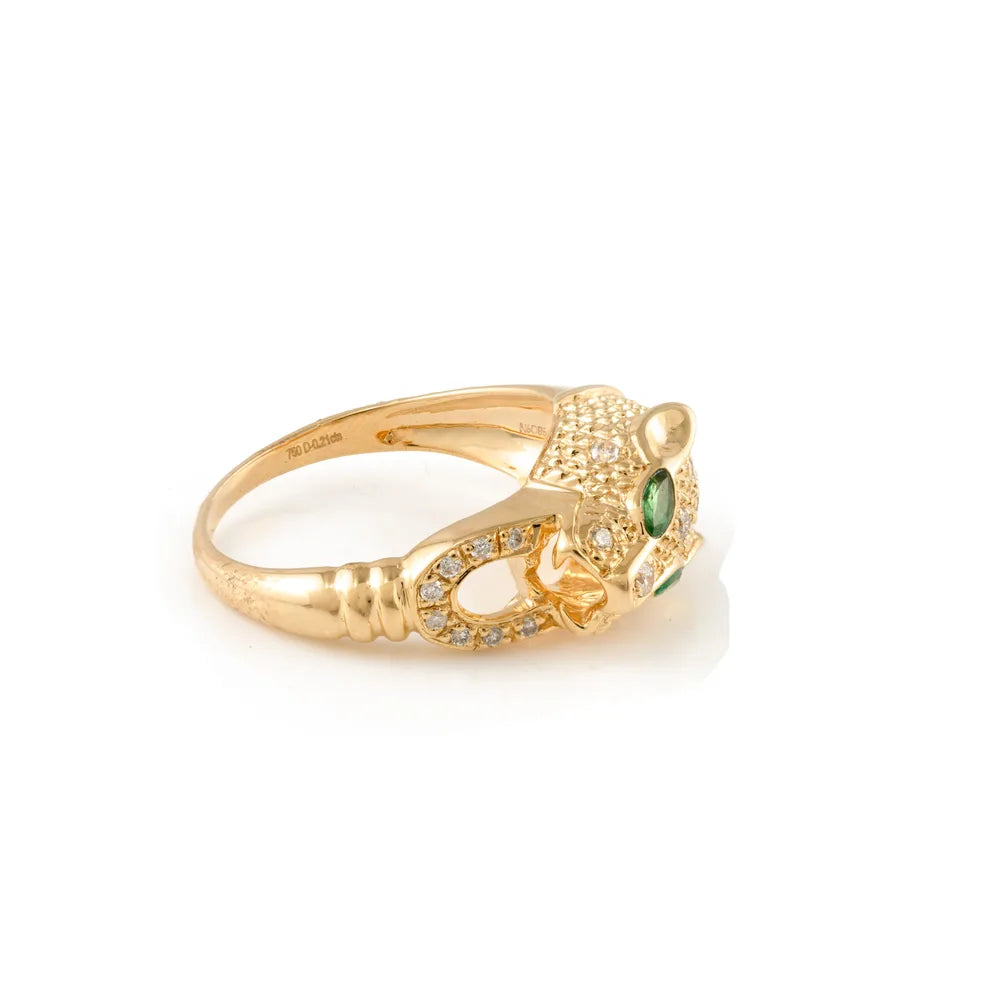 18K Solid Yellow Gold Emerald & Diamond Panther Head Statement Ring