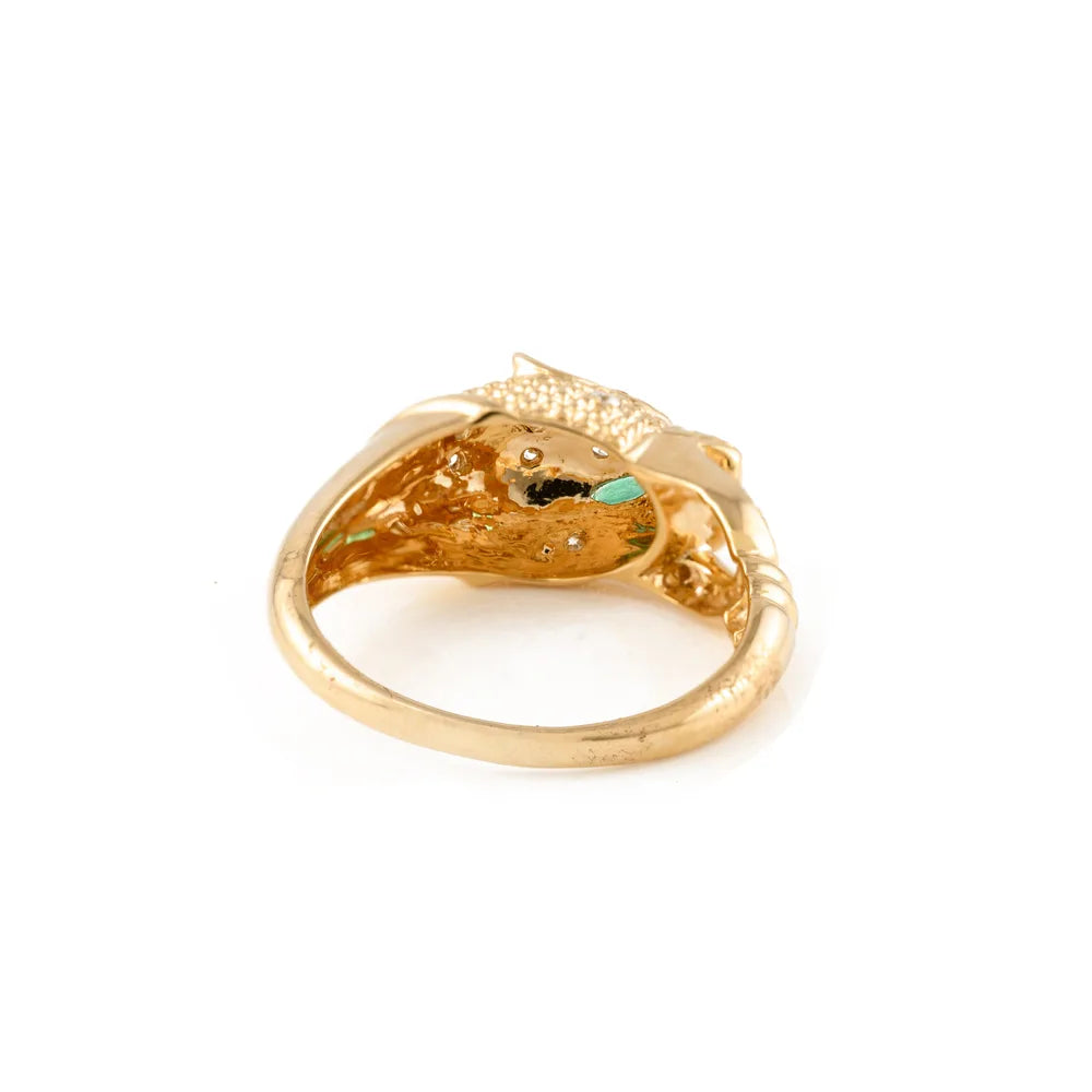 18K Solid Yellow Gold Emerald & Diamond Panther Head Statement Ring