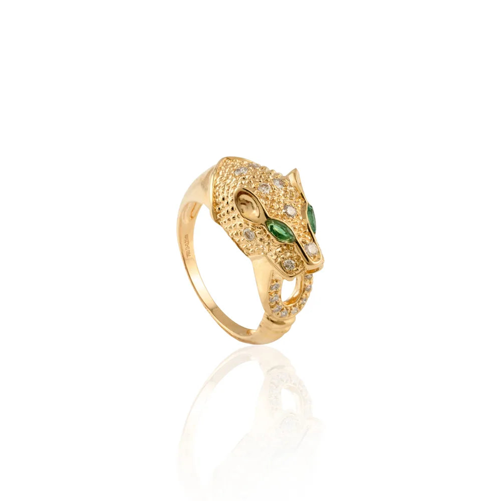 18K Solid Yellow Gold Emerald & Diamond Panther Head Statement Ring