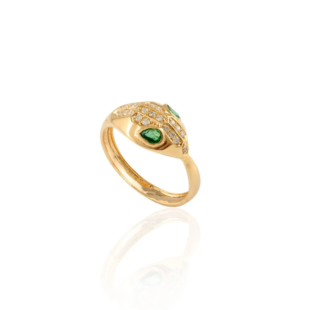 100% Authentic 18K Yellow Gold Natural Emerald & Diamond Snake Head Ring