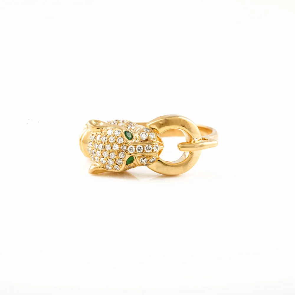 Unique Jewelry Solid 18K Yellow Gold Emerald & Diamond Panther Head Ring