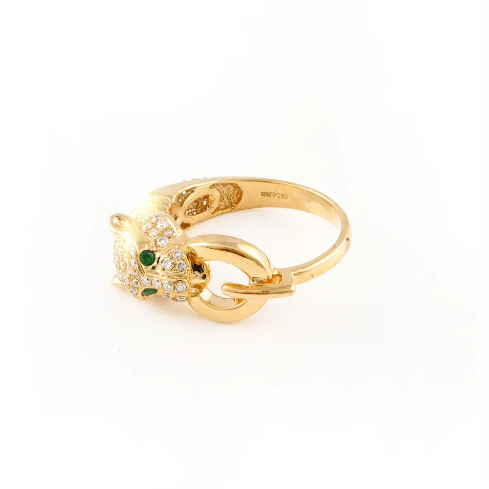 Unique Jewelry Solid 18K Yellow Gold Emerald & Diamond Panther Head Ring