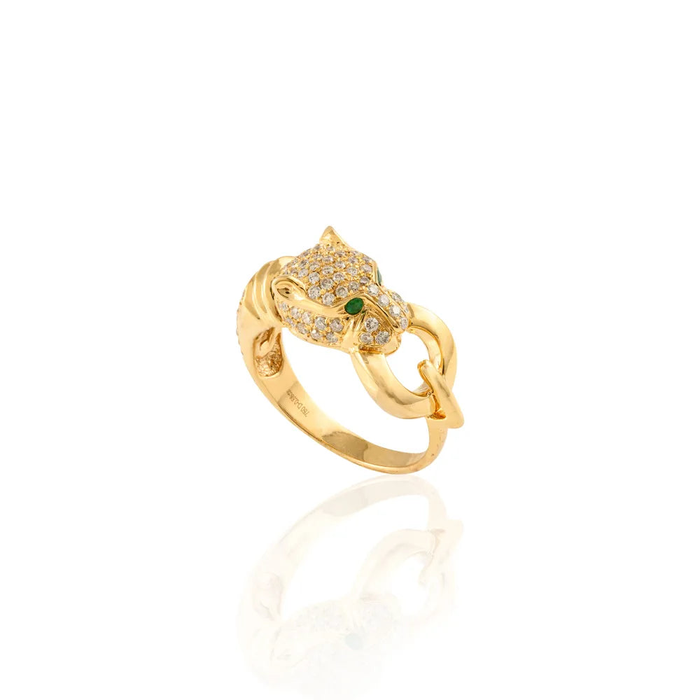 Unique Jewelry Solid 18K Yellow Gold Emerald & Diamond Panther Head Ring