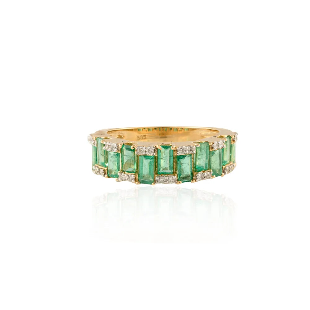 Fashionable Jewelry 14K Solid Yellow Gold Natural Emerald & Diamond Half Eternity Band Ring