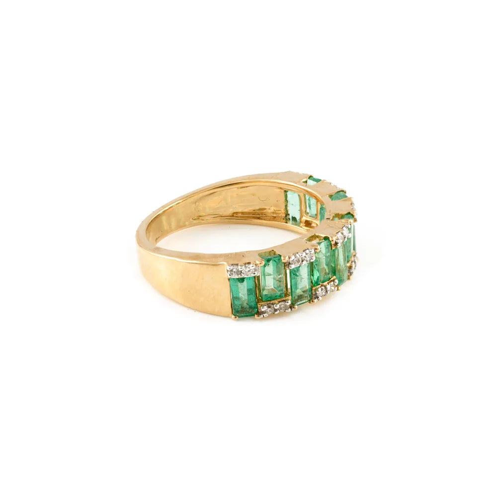 Fashionable Jewelry 14K Solid Yellow Gold Natural Emerald & Diamond Half Eternity Band Ring