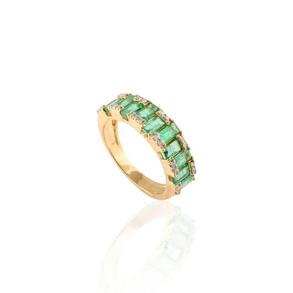 Fashionable Jewelry 14K Solid Yellow Gold Natural Emerald & Diamond Half Eternity Band Ring