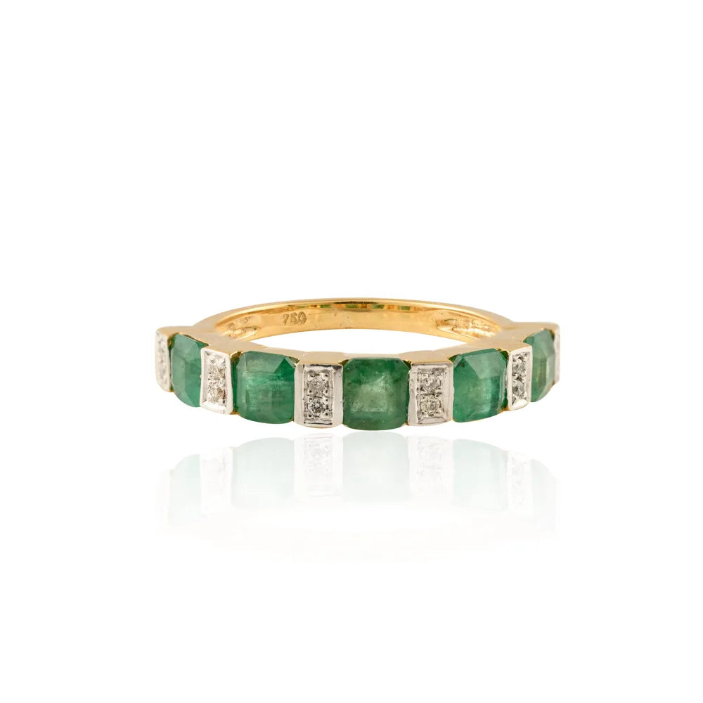 Minimal Jewelry Natural Emerald & Diamond 18K Solid Yellow Gold Half Eternity Band Ring