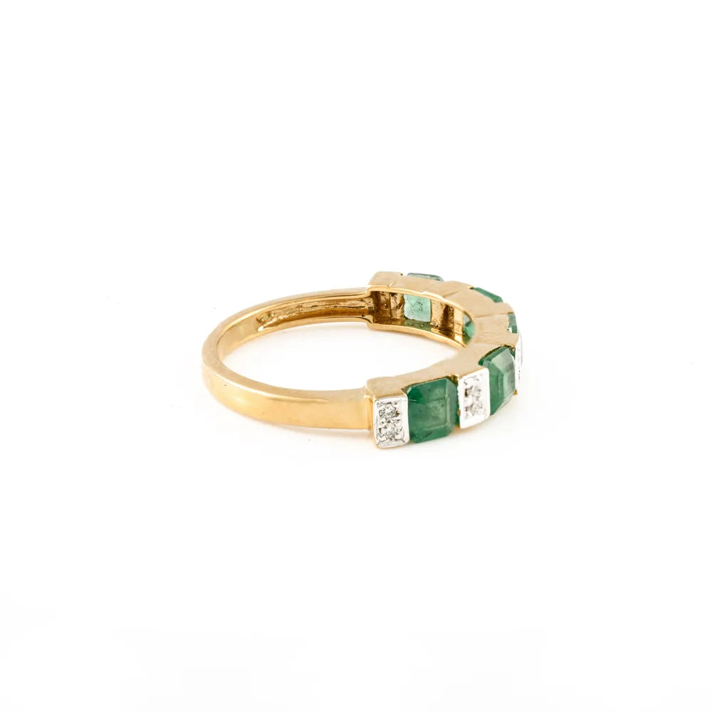 Minimal Jewelry Natural Emerald & Diamond 18K Solid Yellow Gold Half Eternity Band Ring