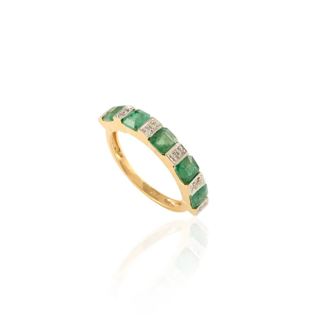 Minimal Jewelry Natural Emerald & Diamond 18K Solid Yellow Gold Half Eternity Band Ring