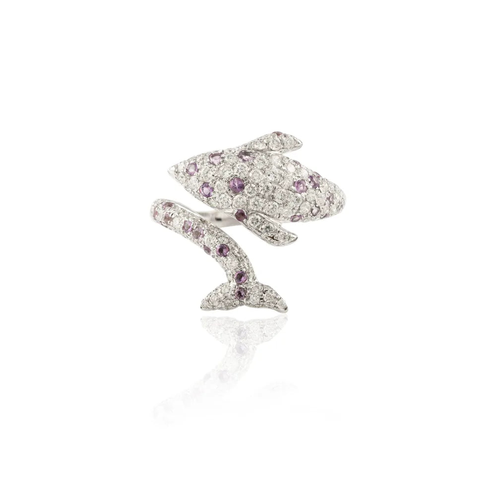 February Birthstone 18K Gold Natural Amethyst & Diamond Dolphin Bypass Ring