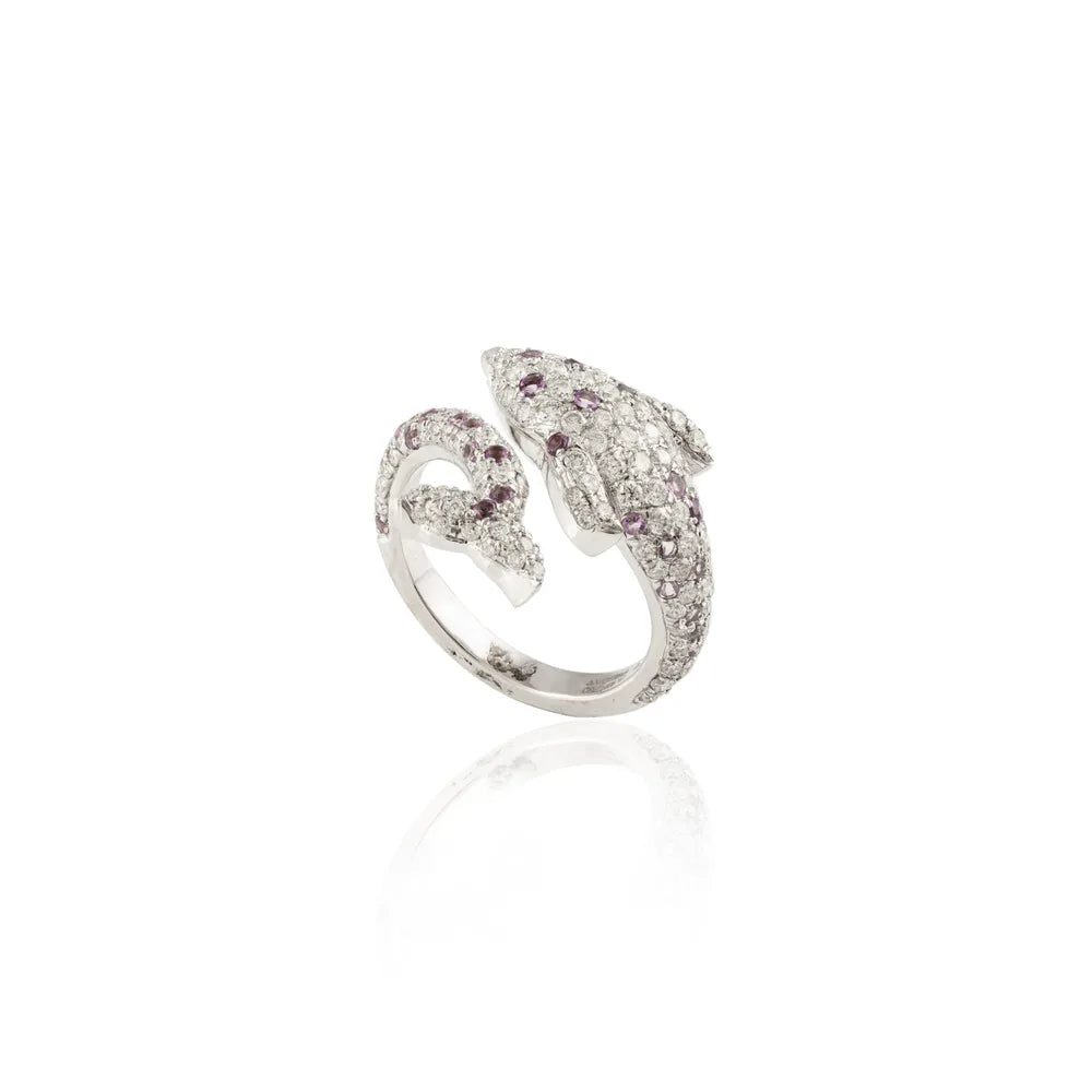 February Birthstone 18K Gold Natural Amethyst & Diamond Dolphin Bypass Ring