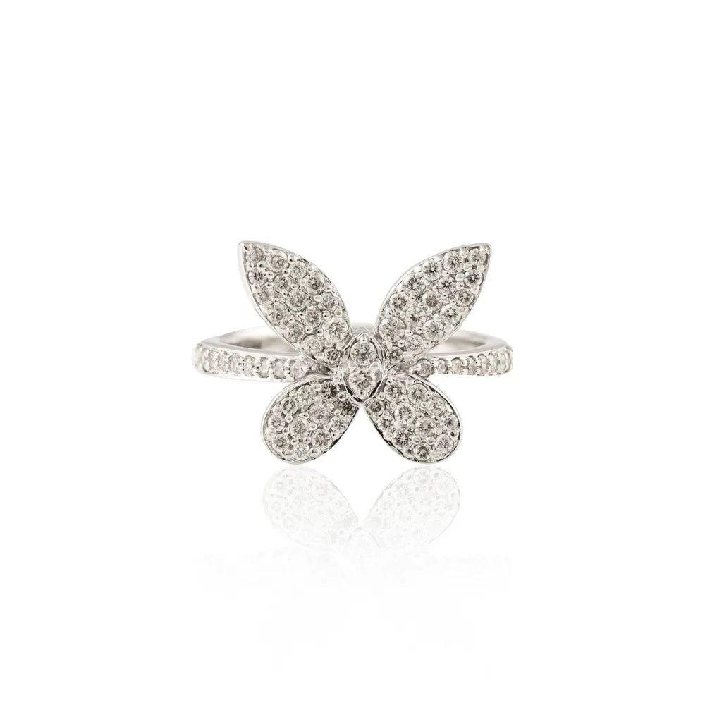 Luxury Jewelry 18K Fine White Gold Natural Diamond Unique Butterfly Cocktail Ring