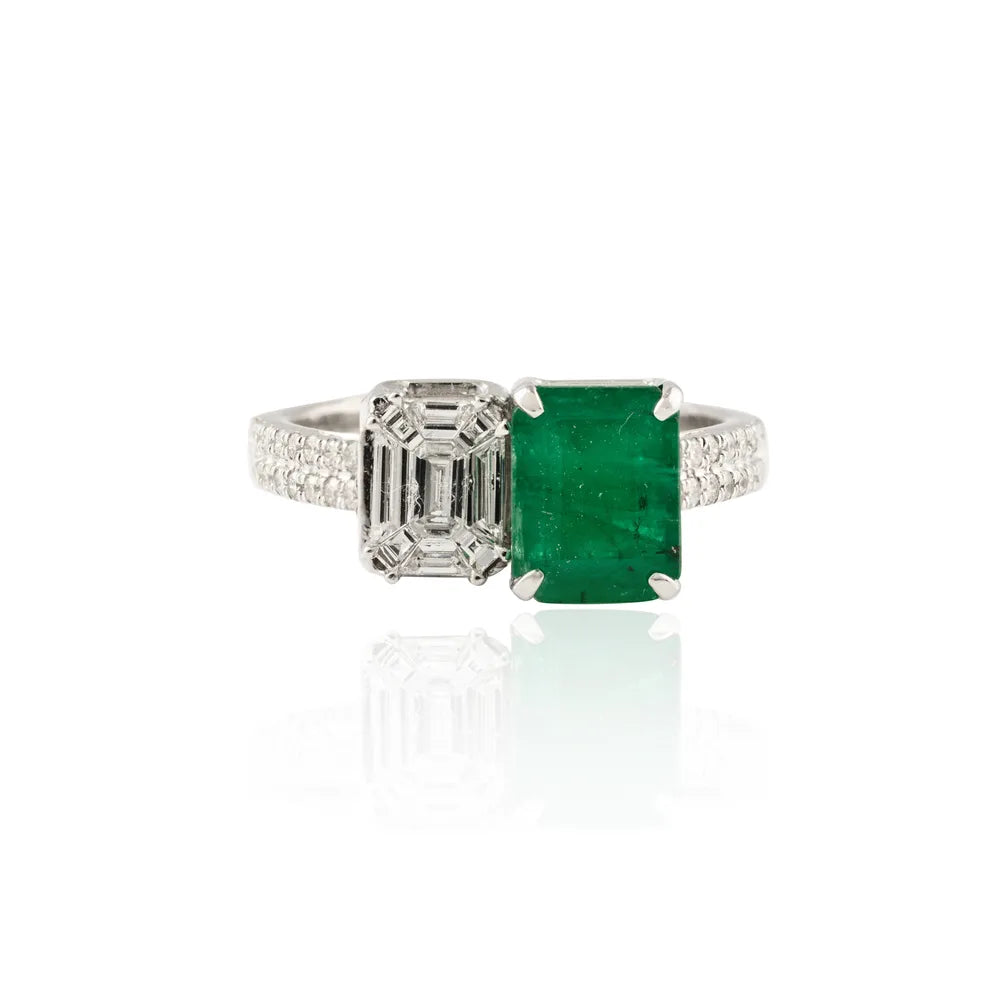 High Quality Natural Emerald & Diamond 18K Solid White Gold Engagement Ring