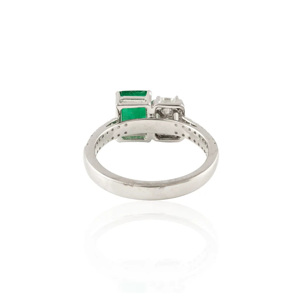 High Quality Natural Emerald & Diamond 18K Solid White Gold Engagement Ring