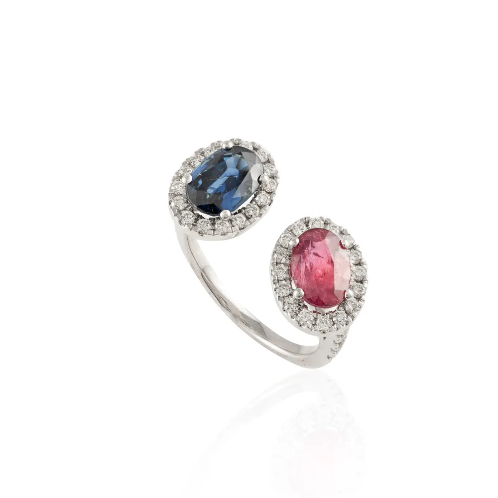 Handmade Jewelry Natural Sapphire, Ruby & Diamond 18K Solid White Gold Adjustable Band Ring