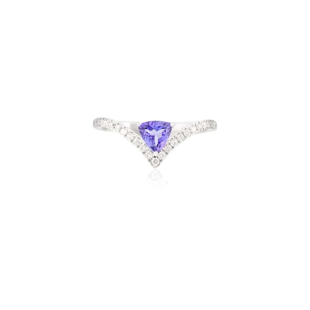 New Arrivals Natural Tanzanite & Diamond Solid K14 White Gold Chevron Ring