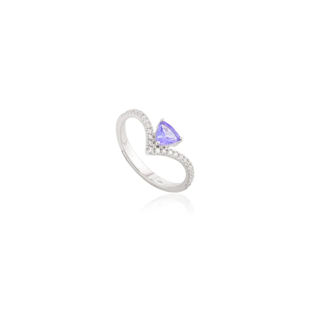 New Arrivals Natural Tanzanite & Diamond Solid K14 White Gold Chevron Ring