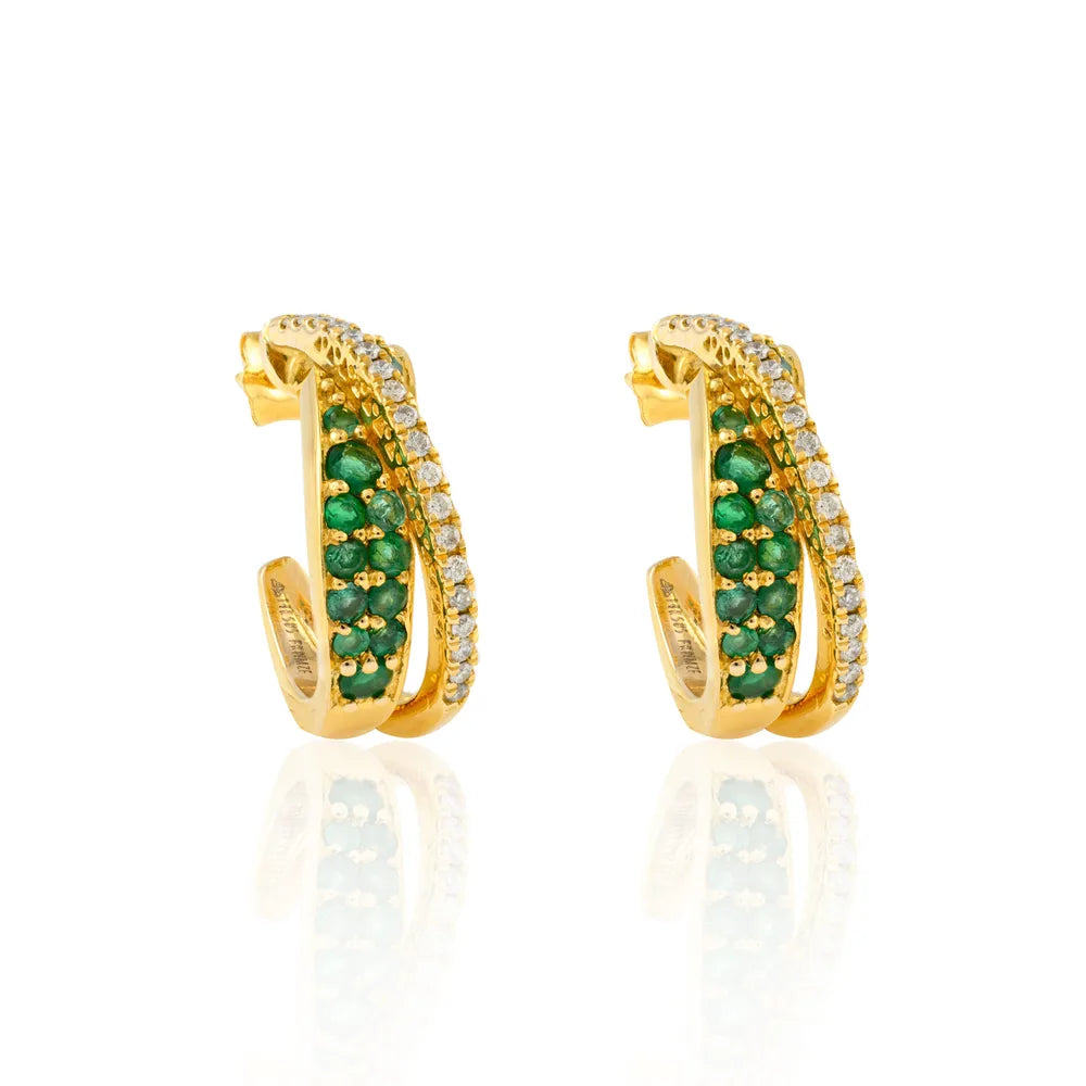 Fashionable Natural Emerald & Diamond 14K Solid Yellow Gold Chunky C- Hoop Earring