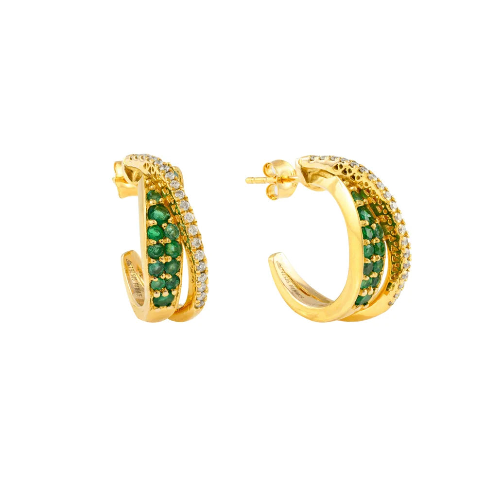 Fashionable Natural Emerald & Diamond 14K Solid Yellow Gold Chunky C- Hoop Earring