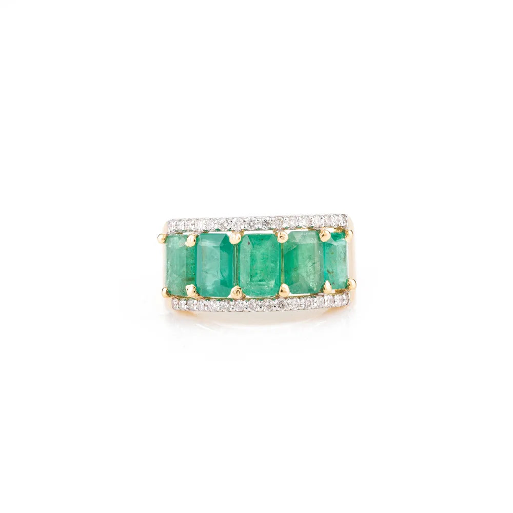 Five Stone Emerald & Diamond 18K Yellow Gold New Arrival Ring