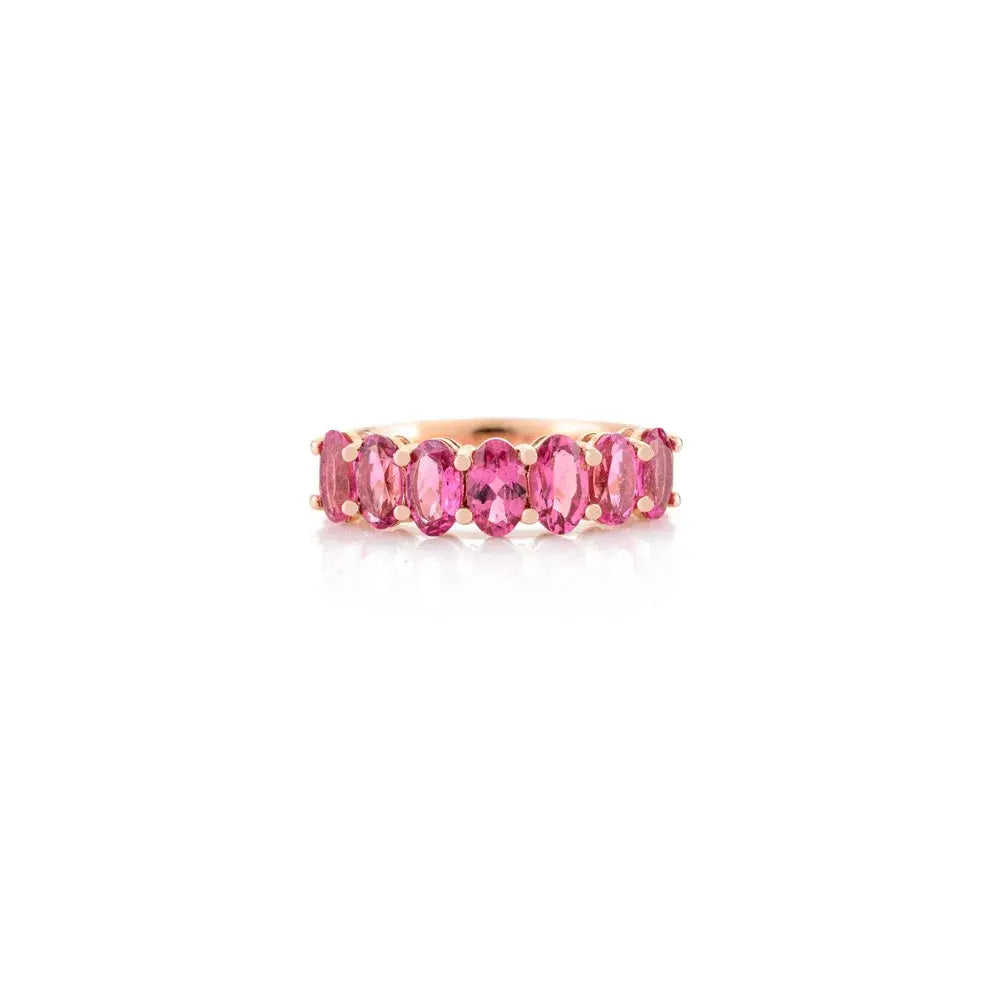 Oval Cut Natural Rubellite Solid 14K Yellow Gold Half Eternity Band Ring