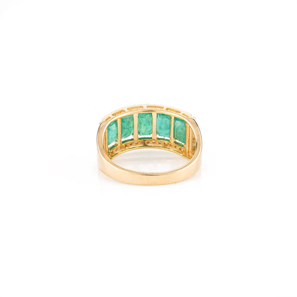 Five Stone Emerald & Diamond 18K Yellow Gold New Arrival Ring