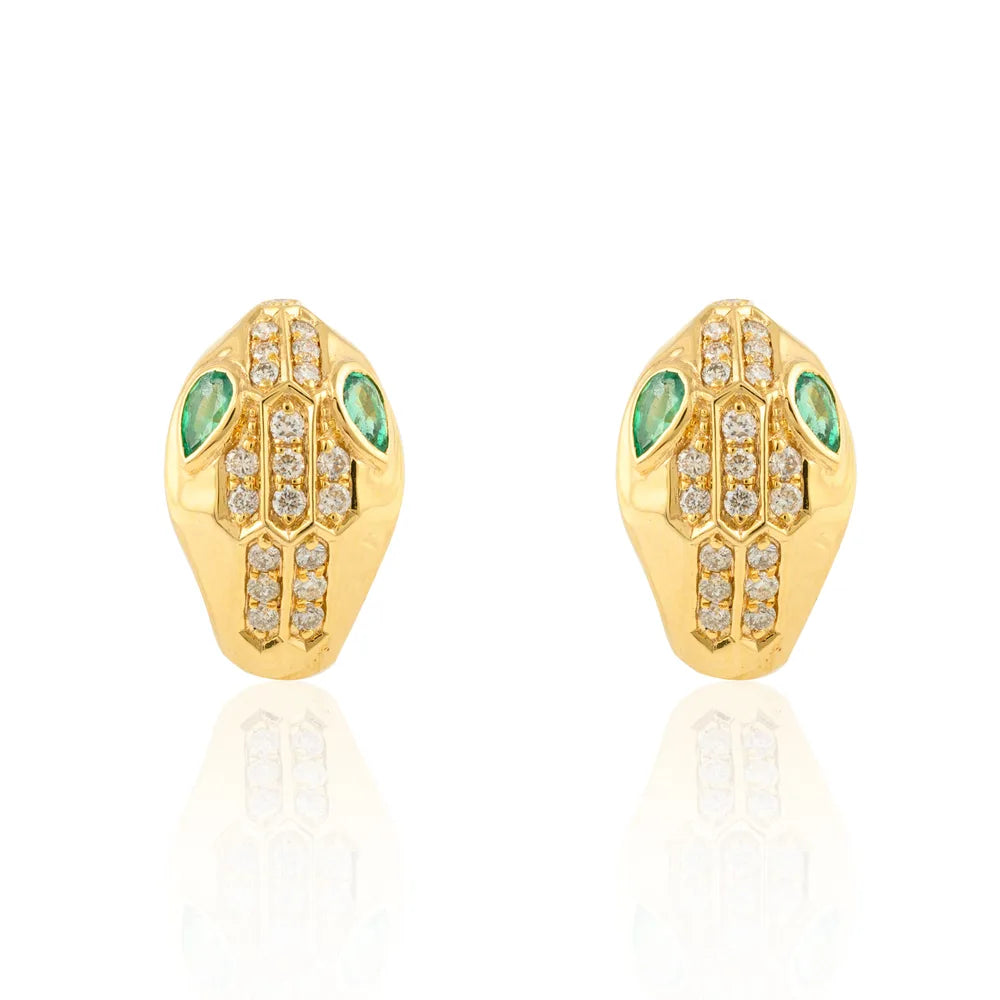 Handmade Jewelry Emerald & Diamond Solid 18K Yellow Gold Snake Stud Earrings