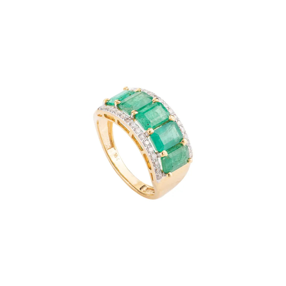 Five Stone Emerald & Diamond 18K Yellow Gold New Arrival Ring