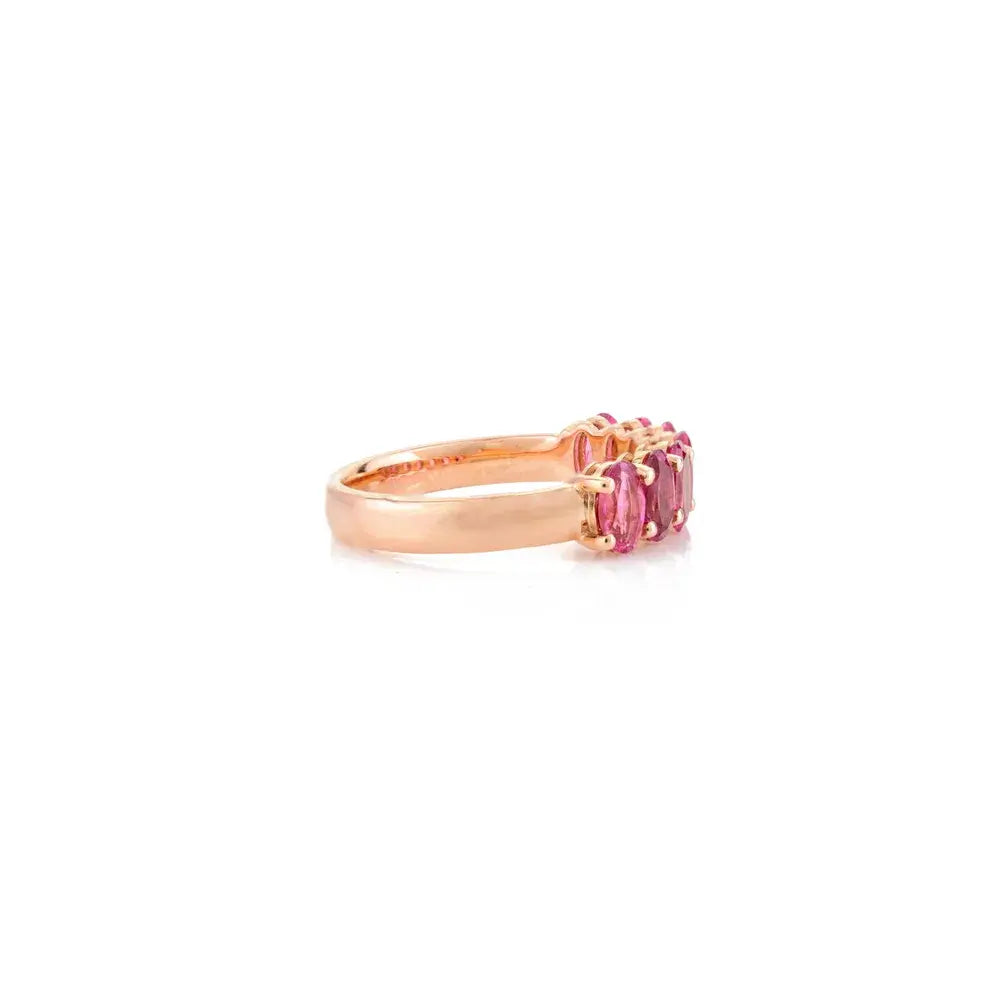 Oval Cut Natural Rubellite Solid 14K Yellow Gold Half Eternity Band Ring