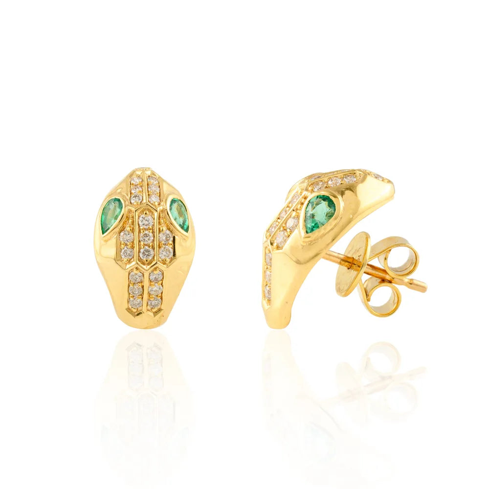 Handmade Jewelry Emerald & Diamond Solid 18K Yellow Gold Snake Stud Earrings