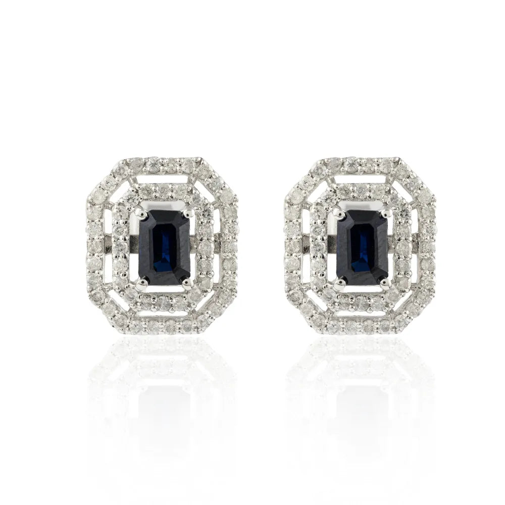 Handcrafted Authentic Blue Sapphire & Diamond 14K Solid White Gold Stud Earring