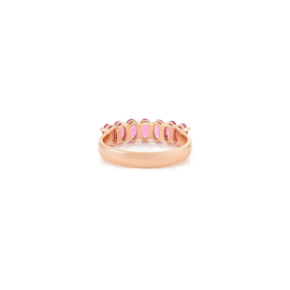 Oval Cut Natural Rubellite Solid 14K Yellow Gold Half Eternity Band Ring