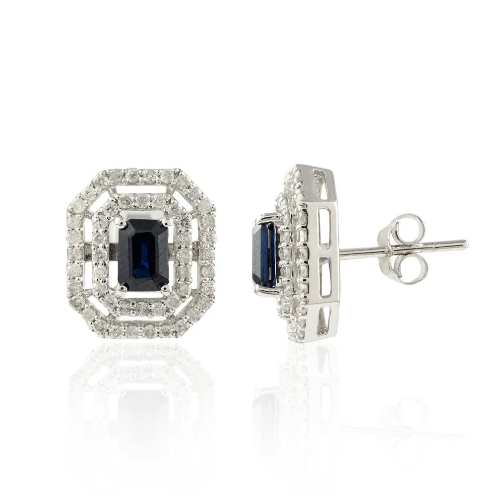 Handcrafted Authentic Blue Sapphire & Diamond 14K Solid White Gold Stud Earring