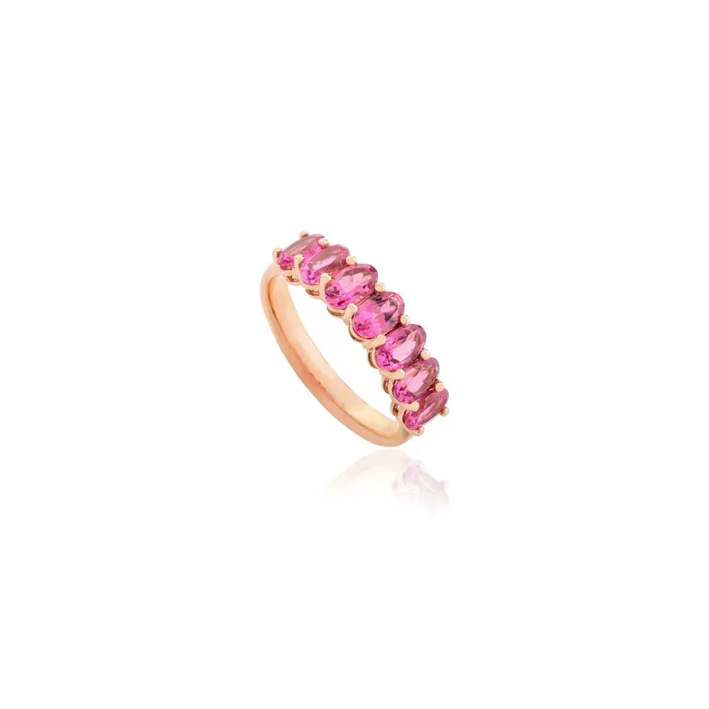 Oval Cut Natural Rubellite Solid 14K Yellow Gold Half Eternity Band Ring