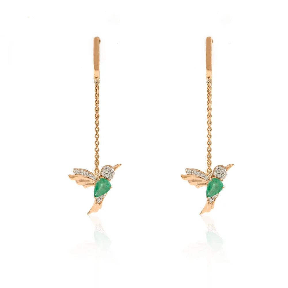 18k Rose Gold Flying Hummingbird Emerald, Ruby & Diamond Chain Earrings