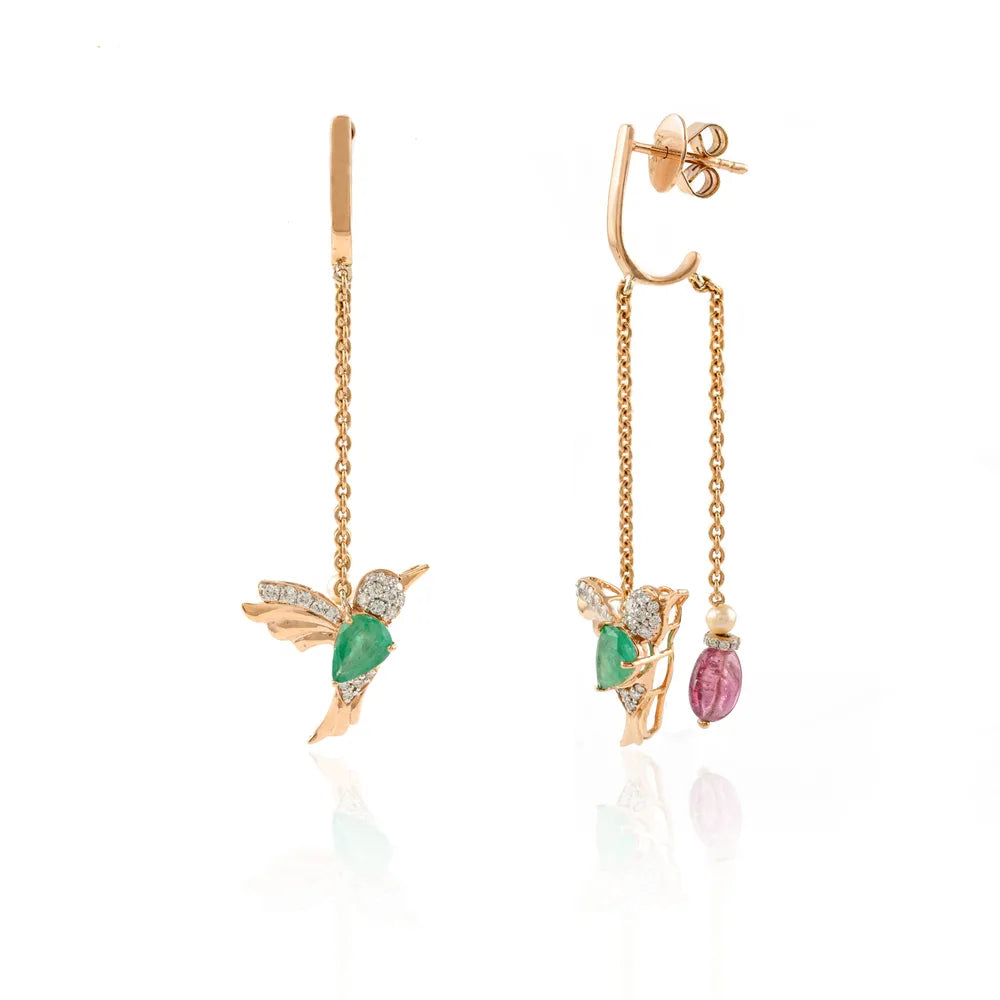 18k Rose Gold Flying Hummingbird Emerald, Ruby & Diamond Chain Earrings