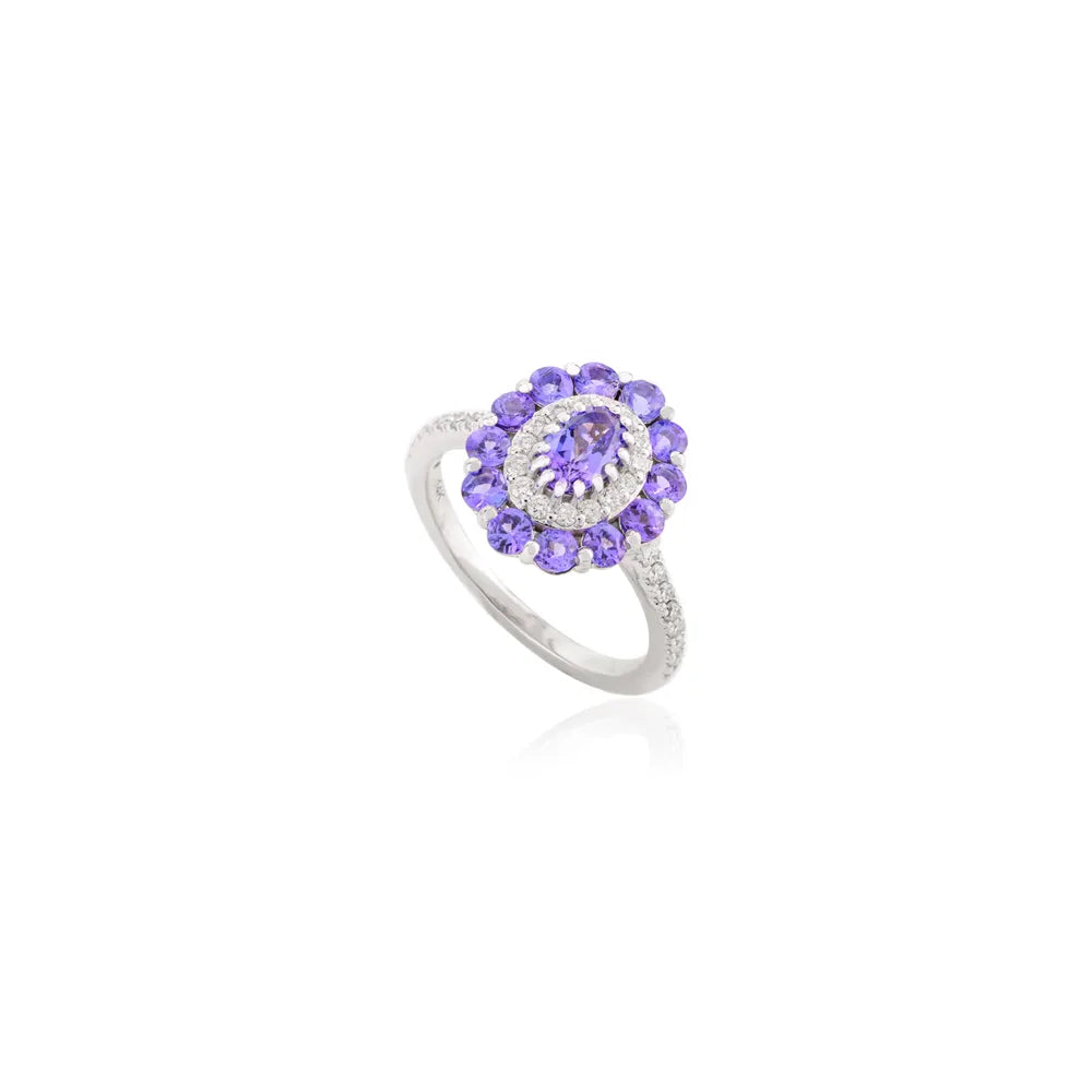 Semi Precious Gemstone 14K Solid Yellow Gold Natural Tanzanite & Diamond Ring