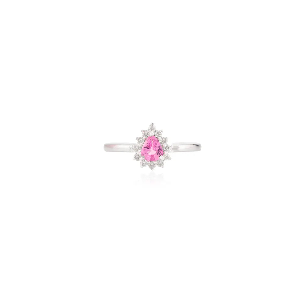 New Arrival 14K Solid White Gold Pink Sapphire & Diamond Pear Shape Ring