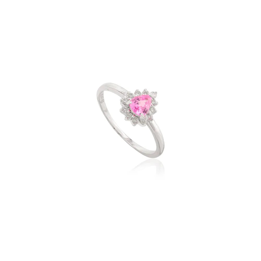 New Arrival 14K Solid White Gold Pink Sapphire & Diamond Pear Shape Ring